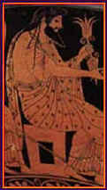 Decorative figure of seated Zeus wearing a sari-like garment from a Greek calix or wine bowl.